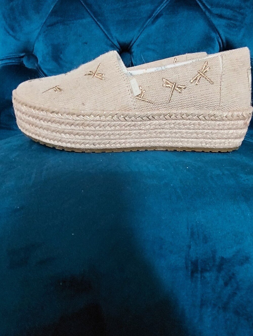 Beige Platform Espadrille Slip-On Shoes With Gold Dragonflies - Picture 3 of 7